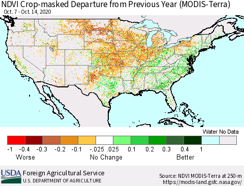 United States Cropland NDVI Departure from Previous Year (Terra-MODIS) Thematic Map For 10/11/2020 - 10/20/2020