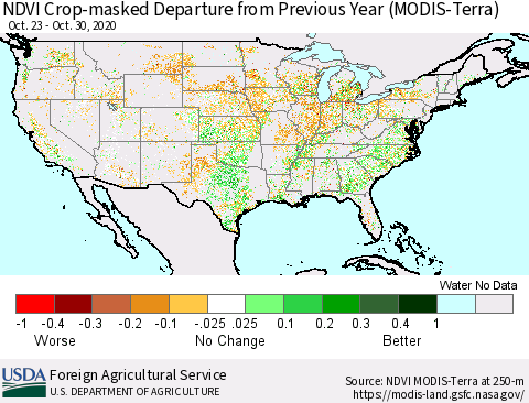 United States Cropland NDVI Departure from Previous Year (Terra-MODIS) Thematic Map For 10/21/2020 - 10/31/2020