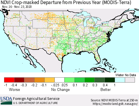 United States NDVI Crop-masked Departure from Previous Year (MODIS-Terra) Thematic Map For 11/21/2020 - 11/30/2020