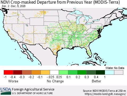 United States NDVI Crop-masked Departure from Previous Year (MODIS-Terra) Thematic Map For 12/1/2020 - 12/10/2020