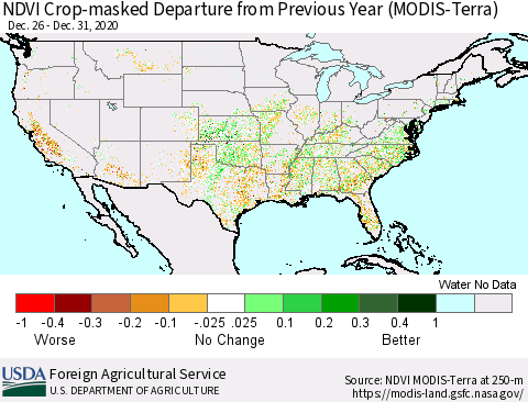 United States NDVI Crop-masked Departure from Previous Year (MODIS-Terra) Thematic Map For 12/21/2020 - 12/31/2020