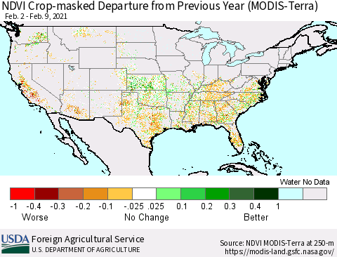 United States Cropland NDVI Departure from Previous Year (Terra-MODIS) Thematic Map For 2/1/2021 - 2/10/2021