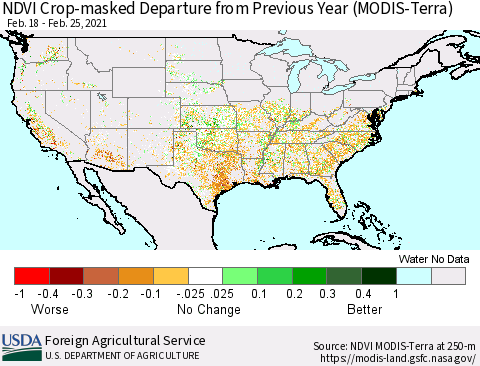 United States Cropland NDVI Departure from Previous Year (Terra-MODIS) Thematic Map For 2/21/2021 - 2/28/2021