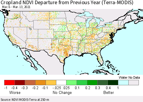United States Cropland NDVI Departure from Previous Year (Terra-MODIS) Thematic Map For 3/6/2021 - 3/13/2021