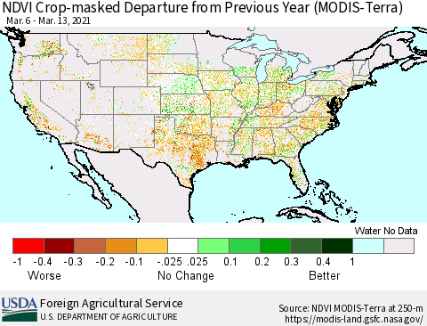 United States Cropland NDVI Departure from Previous Year (Terra-MODIS) Thematic Map For 3/11/2021 - 3/20/2021