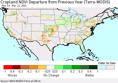 United States Cropland NDVI Departure from Previous Year (Terra-MODIS) Thematic Map For 3/14/2021 - 3/21/2021