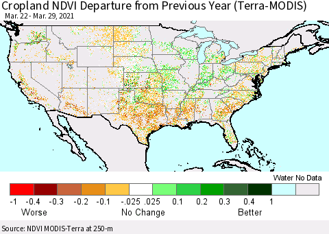 United States Cropland NDVI Departure from Previous Year (Terra-MODIS) Thematic Map For 3/22/2021 - 3/29/2021