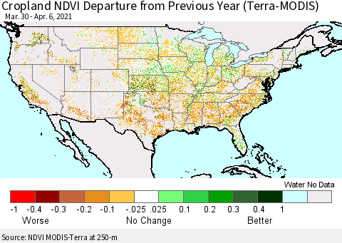 United States Cropland NDVI Departure from Previous Year (Terra-MODIS) Thematic Map For 3/30/2021 - 4/6/2021
