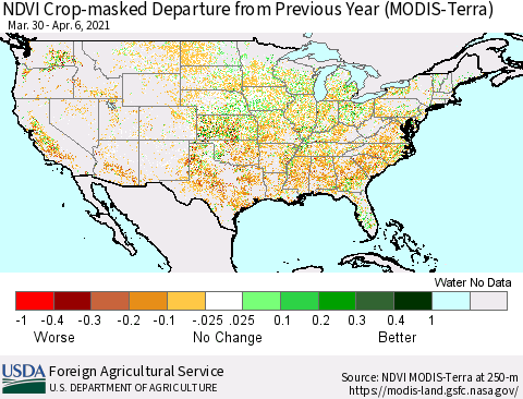 United States NDVI Crop-masked Departure from Previous Year (MODIS-Terra) Thematic Map For 4/1/2021 - 4/10/2021