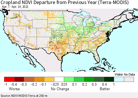 United States Cropland NDVI Departure from Previous Year (Terra-MODIS) Thematic Map For 4/7/2021 - 4/14/2021