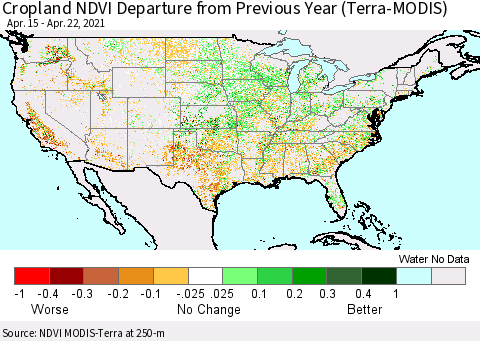 United States Cropland NDVI Departure from Previous Year (Terra-MODIS) Thematic Map For 4/15/2021 - 4/22/2021