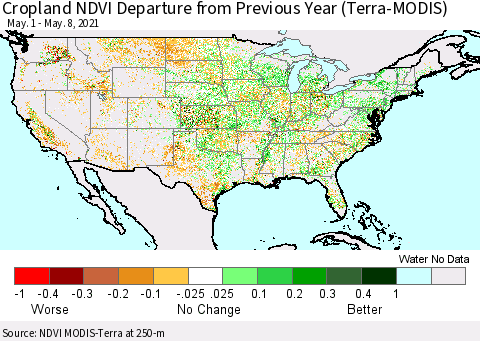 United States Cropland NDVI Departure from Previous Year (Terra-MODIS) Thematic Map For 5/1/2021 - 5/8/2021