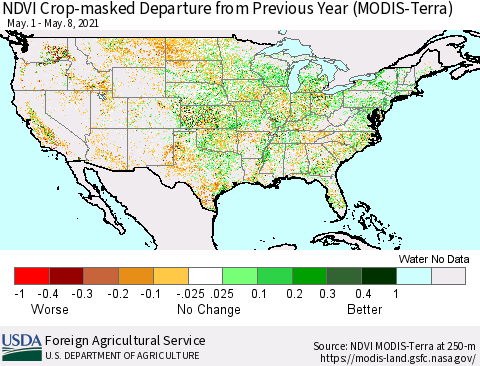 United States NDVI Crop-masked Departure from Previous Year (MODIS-Terra) Thematic Map For 5/1/2021 - 5/10/2021