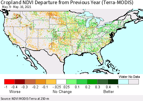 United States Cropland NDVI Departure from Previous Year (Terra-MODIS) Thematic Map For 5/9/2021 - 5/16/2021