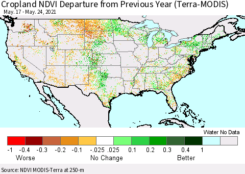 United States Cropland NDVI Departure from Previous Year (Terra-MODIS) Thematic Map For 5/17/2021 - 5/24/2021
