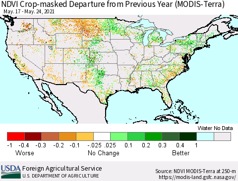 United States NDVI Crop-masked Departure from Previous Year (MODIS-Terra) Thematic Map For 5/21/2021 - 5/31/2021