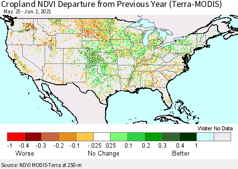United States Cropland NDVI Departure from Previous Year (Terra-MODIS) Thematic Map For 5/25/2021 - 6/1/2021