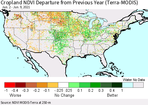 United States Cropland NDVI Departure from Previous Year (Terra-MODIS) Thematic Map For 6/2/2021 - 6/9/2021