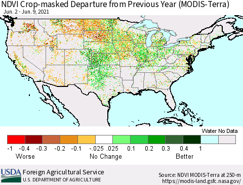 United States NDVI Crop-masked Departure from Previous Year (MODIS-Terra) Thematic Map For 6/1/2021 - 6/10/2021