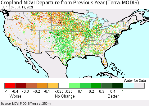 United States Cropland NDVI Departure from Previous Year (Terra-MODIS) Thematic Map For 6/10/2021 - 6/17/2021
