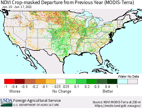 United States Cropland NDVI Departure from Previous Year (Terra-MODIS) Thematic Map For 6/11/2021 - 6/20/2021