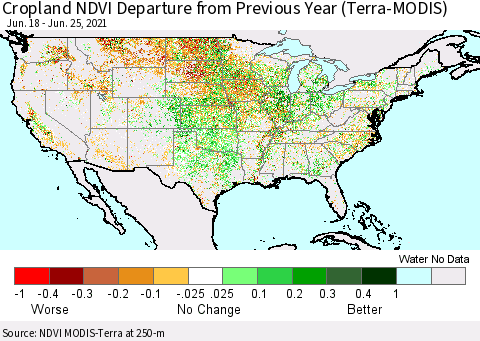 United States Cropland NDVI Departure from Previous Year (Terra-MODIS) Thematic Map For 6/18/2021 - 6/25/2021