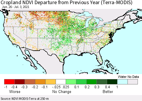 United States Cropland NDVI Departure from Previous Year (Terra-MODIS) Thematic Map For 6/26/2021 - 7/3/2021