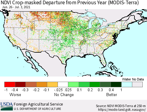 United States Cropland NDVI Departure from Previous Year (Terra-MODIS) Thematic Map For 7/1/2021 - 7/10/2021