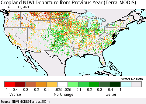 United States Cropland NDVI Departure from Previous Year (Terra-MODIS) Thematic Map For 7/4/2021 - 7/11/2021