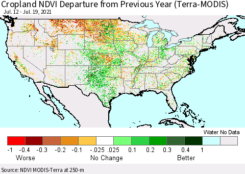 United States Cropland NDVI Departure from Previous Year (Terra-MODIS) Thematic Map For 7/12/2021 - 7/19/2021