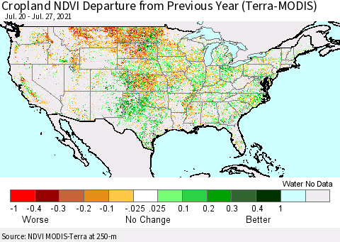 United States Cropland NDVI Departure from Previous Year (Terra-MODIS) Thematic Map For 7/20/2021 - 7/27/2021