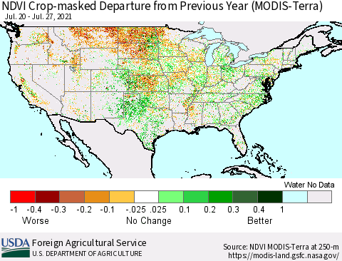 United States Cropland NDVI Departure from Previous Year (Terra-MODIS) Thematic Map For 7/21/2021 - 7/31/2021
