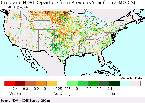United States Cropland NDVI Departure from Previous Year (Terra-MODIS) Thematic Map For 7/28/2021 - 8/4/2021