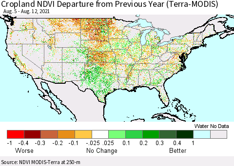 United States Cropland NDVI Departure from Previous Year (Terra-MODIS) Thematic Map For 8/5/2021 - 8/12/2021