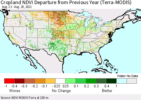 United States Cropland NDVI Departure from Previous Year (Terra-MODIS) Thematic Map For 8/11/2021 - 8/20/2021