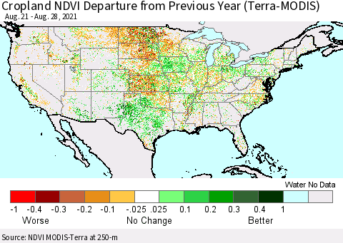United States Cropland NDVI Departure from Previous Year (Terra-MODIS) Thematic Map For 8/21/2021 - 8/28/2021