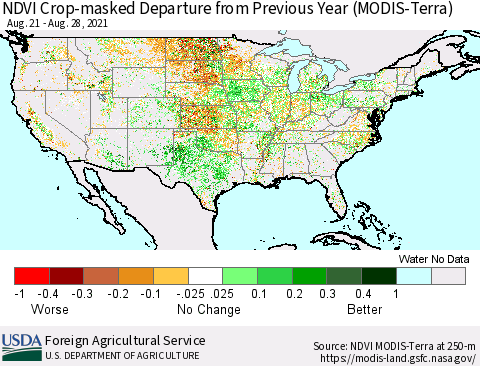 United States Cropland NDVI Departure from Previous Year (Terra-MODIS) Thematic Map For 8/21/2021 - 8/31/2021