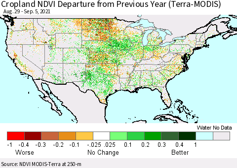 United States Cropland NDVI Departure from Previous Year (Terra-MODIS) Thematic Map For 8/29/2021 - 9/5/2021