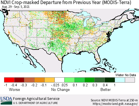United States Cropland NDVI Departure from Previous Year (Terra-MODIS) Thematic Map For 9/1/2021 - 9/10/2021