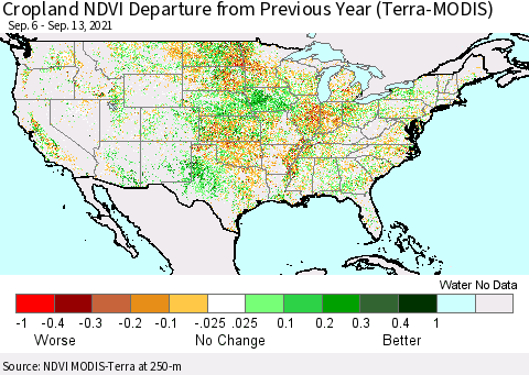 United States Cropland NDVI Departure from Previous Year (Terra-MODIS) Thematic Map For 9/6/2021 - 9/13/2021
