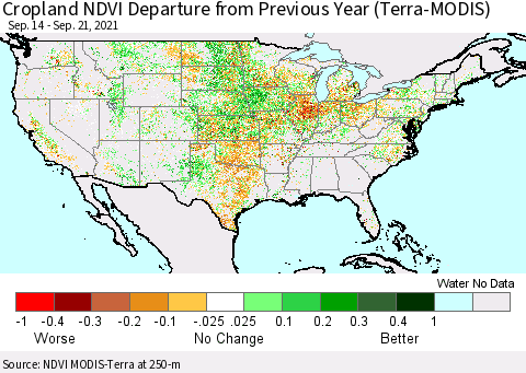 United States Cropland NDVI Departure from Previous Year (Terra-MODIS) Thematic Map For 9/14/2021 - 9/21/2021