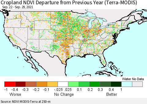 United States Cropland NDVI Departure from Previous Year (Terra-MODIS) Thematic Map For 9/22/2021 - 9/29/2021