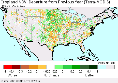 United States Cropland NDVI Departure from Previous Year (Terra-MODIS) Thematic Map For 9/30/2021 - 10/7/2021