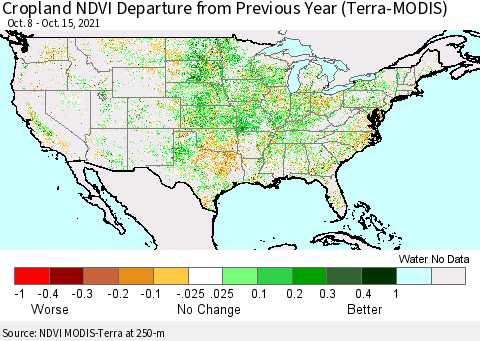 United States Cropland NDVI Departure from Previous Year (Terra-MODIS) Thematic Map For 10/8/2021 - 10/15/2021