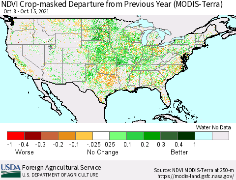United States Cropland NDVI Departure from Previous Year (Terra-MODIS) Thematic Map For 10/11/2021 - 10/20/2021