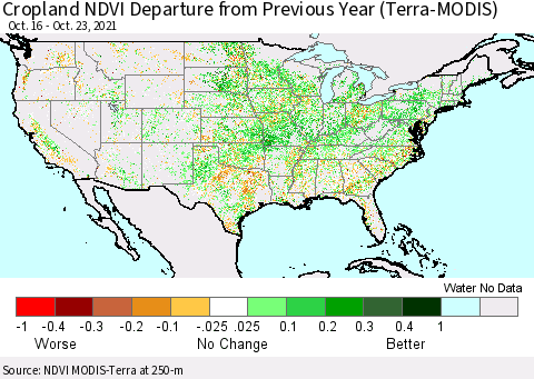 United States Cropland NDVI Departure from Previous Year (Terra-MODIS) Thematic Map For 10/16/2021 - 10/23/2021