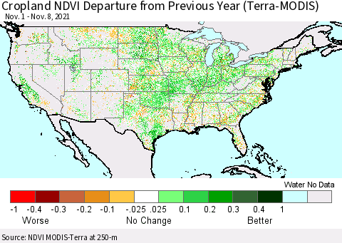 United States Cropland NDVI Departure from Previous Year (Terra-MODIS) Thematic Map For 11/1/2021 - 11/8/2021