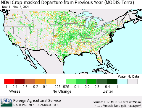United States Cropland NDVI Departure from Previous Year (Terra-MODIS) Thematic Map For 11/1/2021 - 11/10/2021