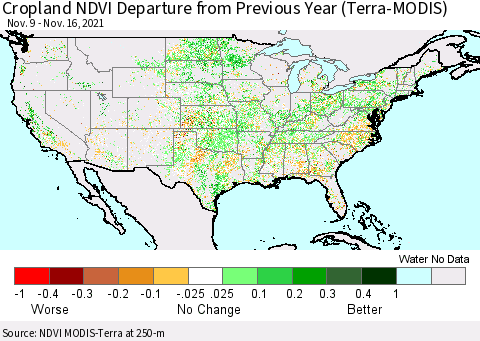 United States Cropland NDVI Departure from Previous Year (Terra-MODIS) Thematic Map For 11/9/2021 - 11/16/2021