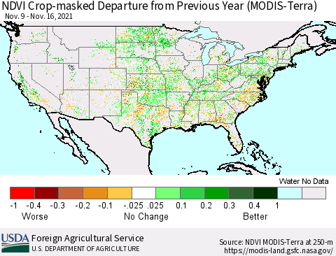 United States Cropland NDVI Departure from Previous Year (Terra-MODIS) Thematic Map For 11/11/2021 - 11/20/2021